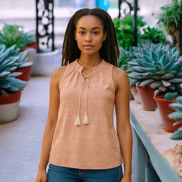 Tommy Hilfiger ✦ Peach Blouse ✦ Eyelet Embroidery Tassel Tie Sleeveless L NWT - Picture 13 of 16